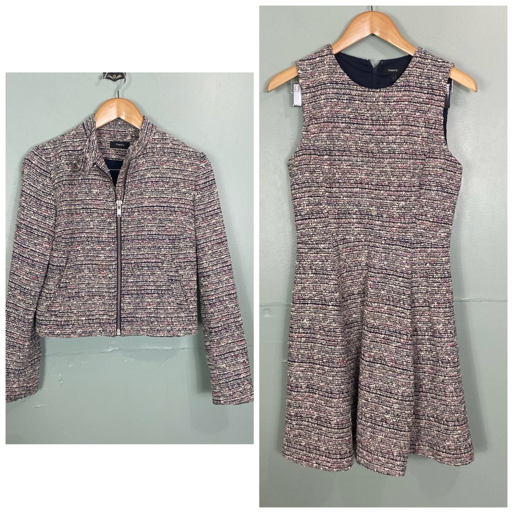 Theory Set Tillora Fit & Flare Dress Tweed Bavewick Moto Jacket Sz 4 & Small